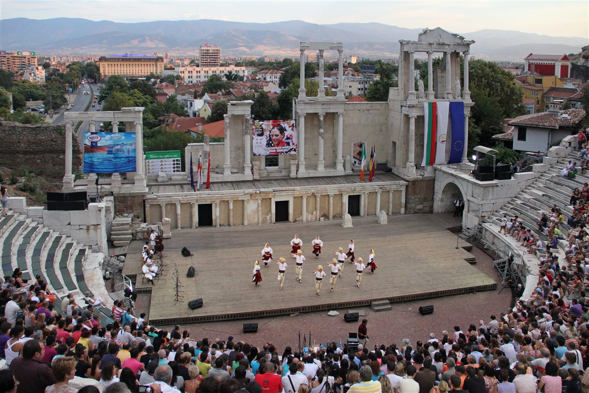 Performers at an international folklore festival at Bulgaria's Ancient Roman Theatre, Plovdiv