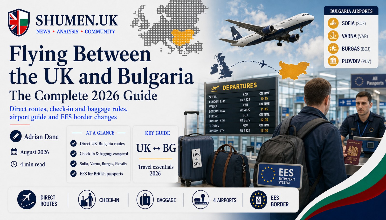 Flying between the UK and Bulgaria: a departures board listing Sofia, Varna, Burgas and Plovdiv flights, hand luggage, an EU Entry/Exit System sign and a British passport at a border desk