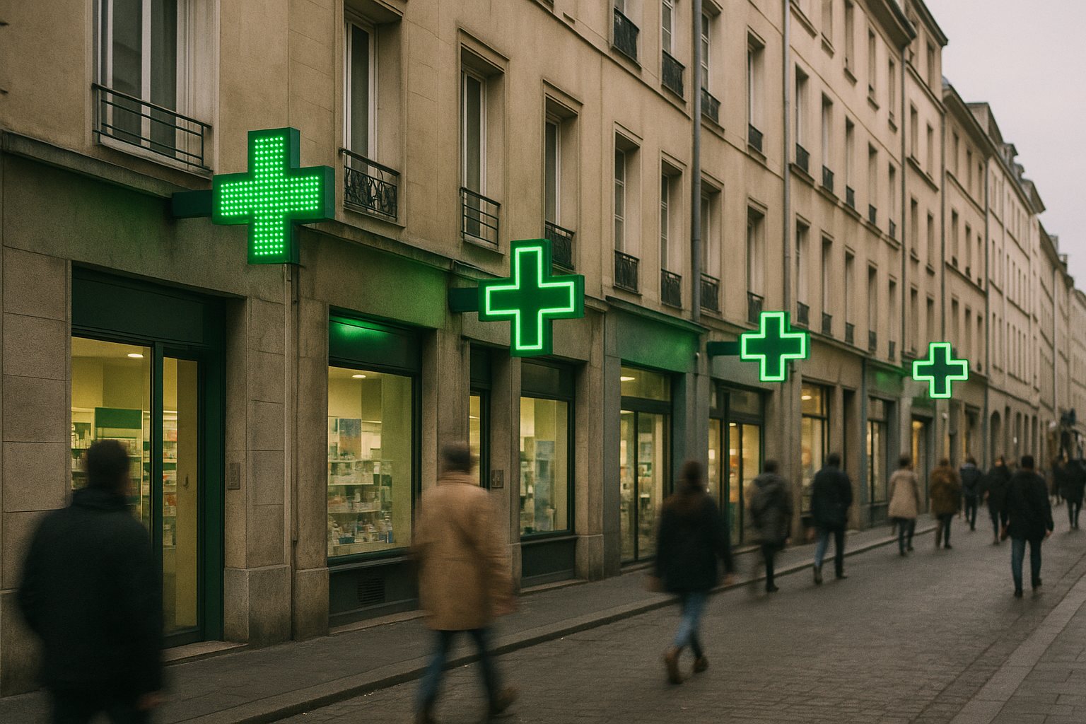 A row of three different Bulgarian pharmacy storefronts on the same street, each with a green-cross sign in different styling indicating distinct chains