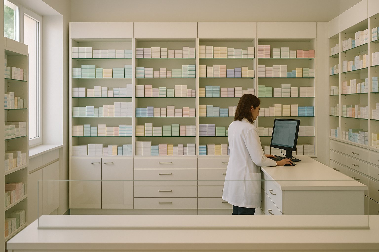 A bright modern Bulgarian pharmacy interior with the green-cross signage, glass-fronted shelves of stock and a single clerk behind the dispensing counter