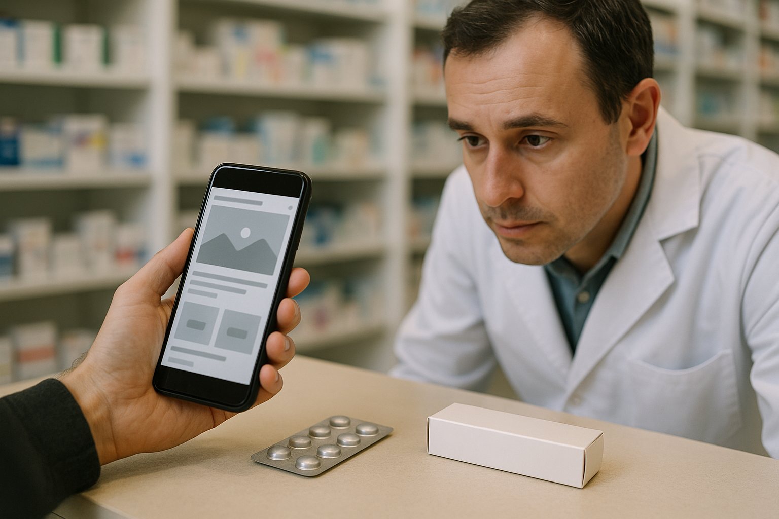 A pharmacist examining a smartphone screen held up by a customer at a pharmacy counter, with a strip of medication on the counter between them