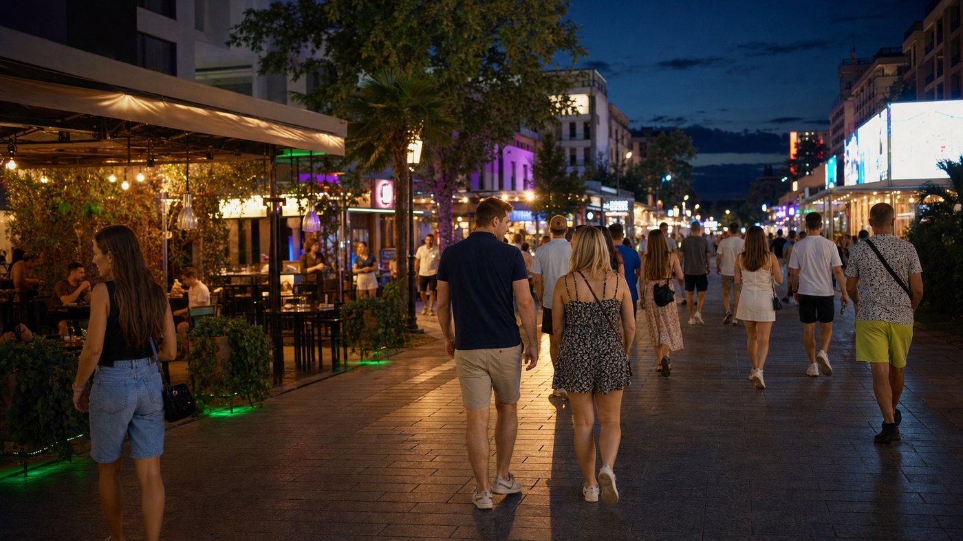 The Flower Street nightclub strip in Sunny Beach, early evening