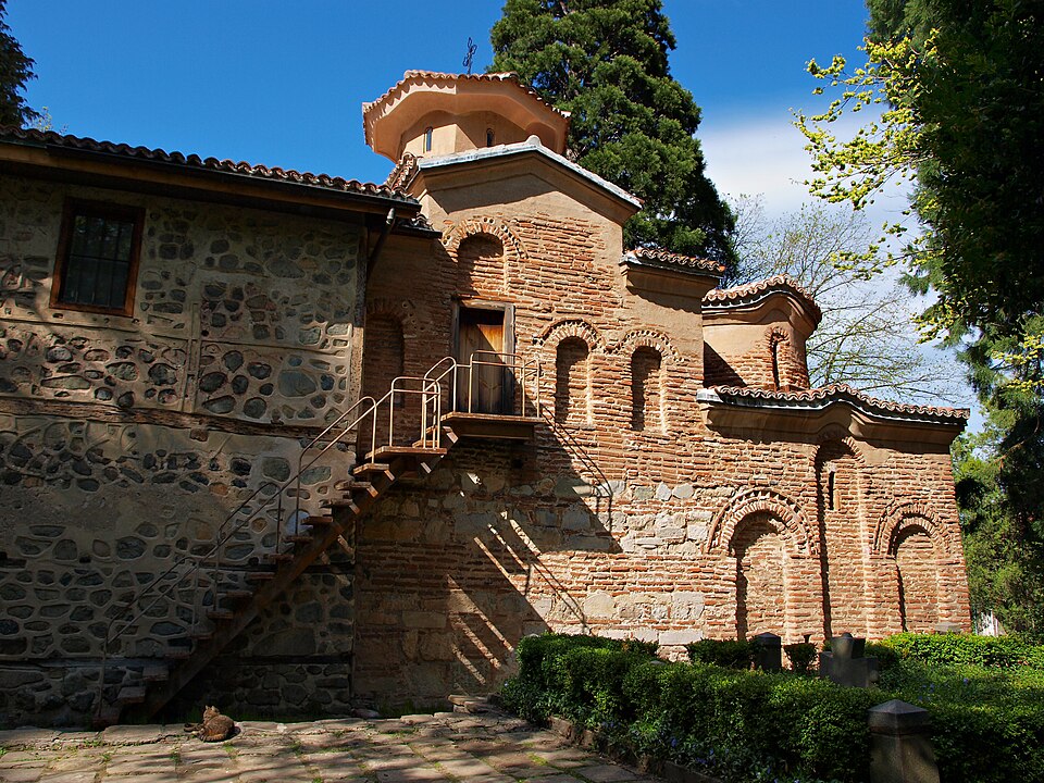 Exterior of Boyana Church in Sofia, a small medieval church with three sections