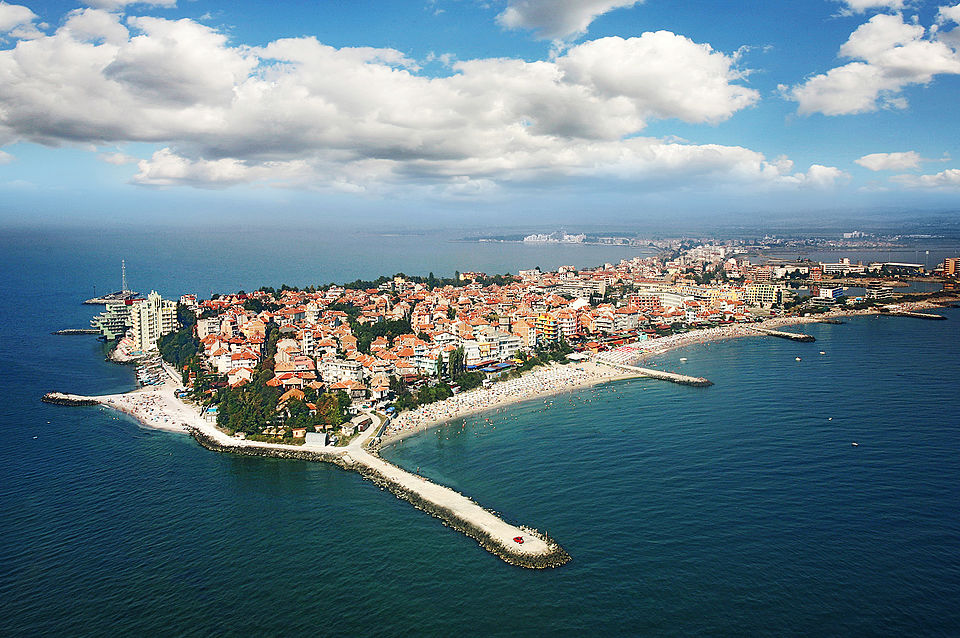 Aerial view of Pomorie peninsula with the salt lake on one side and the Black Sea on the other