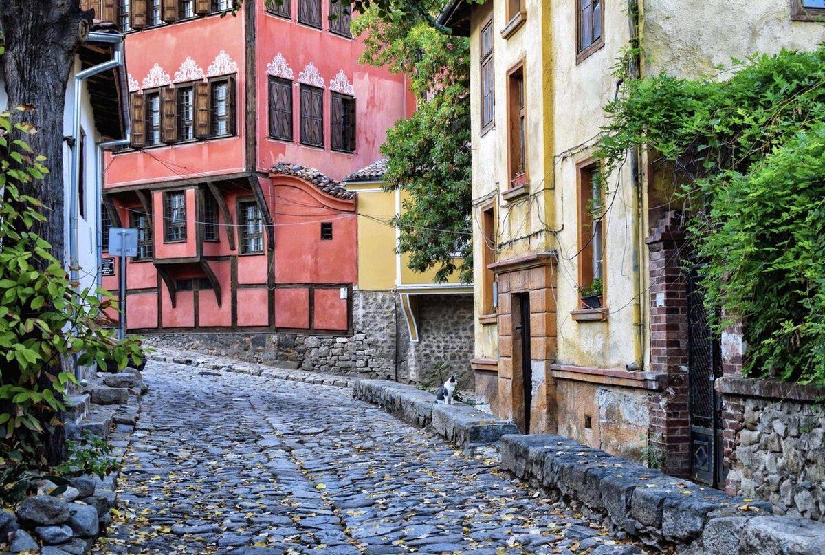 Plovdiv's Old Town, a steep cobbled street with painted Bulgarian Revival-era houses, the city Plovdiv is often considered the most likeable second city in Bulgaria