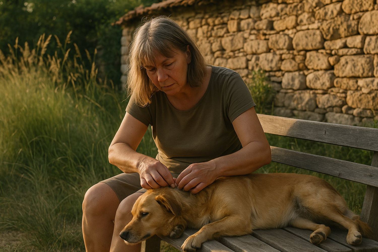 A British woman checking her dog for ticks on a garden bench in rural Bulgaria on a summer evening