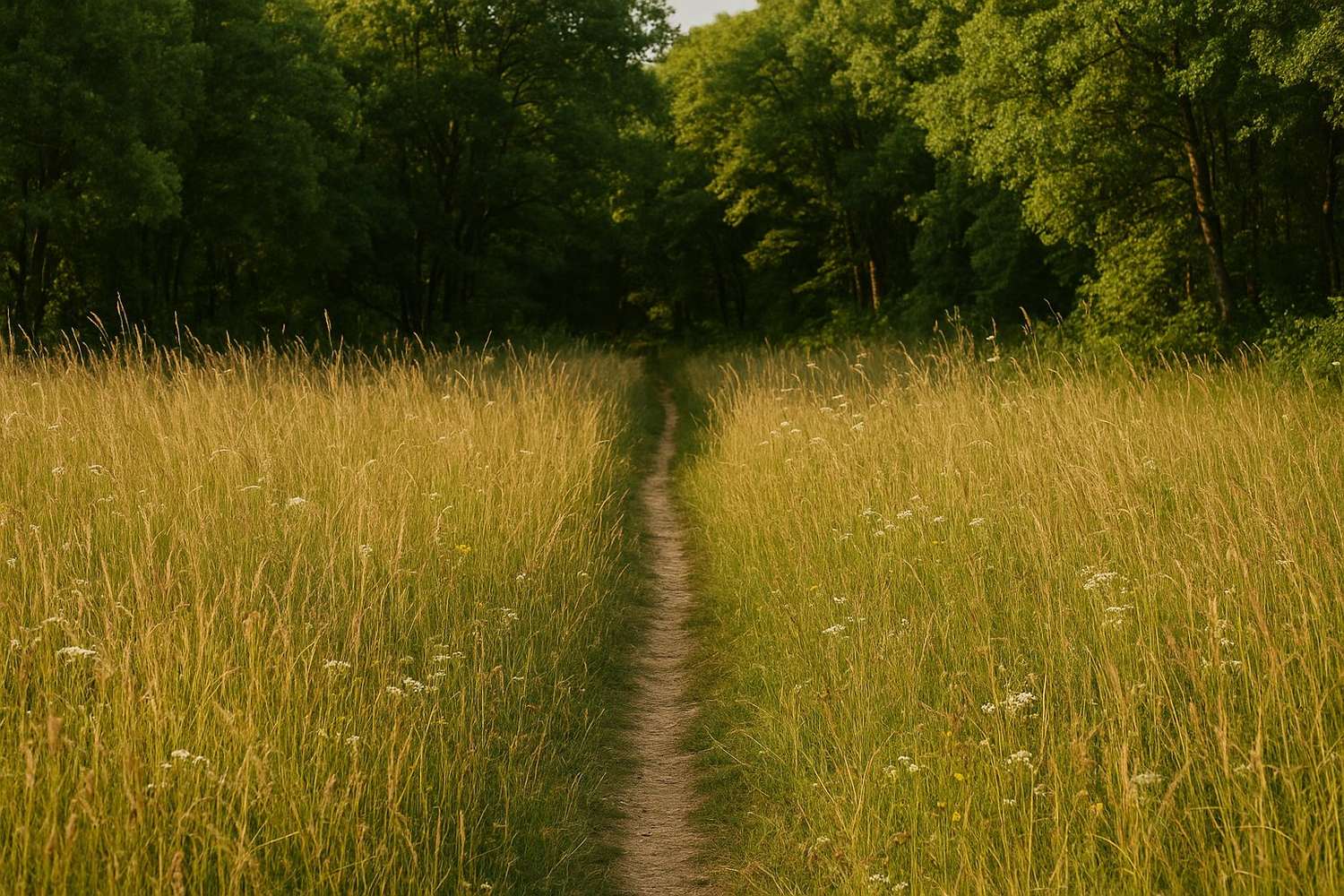 A grassy footpath through long meadow grass at the edge of a forest on a limestone plateau in summer